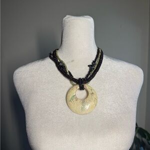 Handmade Beige Round Pendant Necklace with Black Beaded Cord